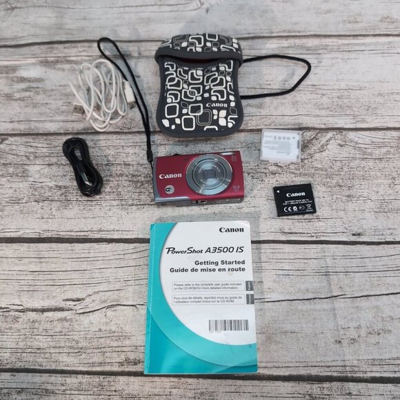 Canon PowerShot A3500 IS Red Digital Camera 16MP 5x Zoom WiFi w/ Case & Cables - Picture 1 of 13